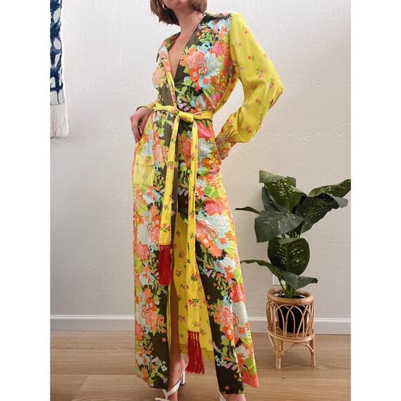 Vintage Dresses & Skirts - Vintage 1960's Floral Fringe Tie Button Up Cardi Dress